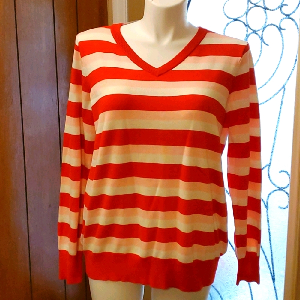 Feeling Festive Red, Pink and White V-Neck Sweater Woman's Size XXL